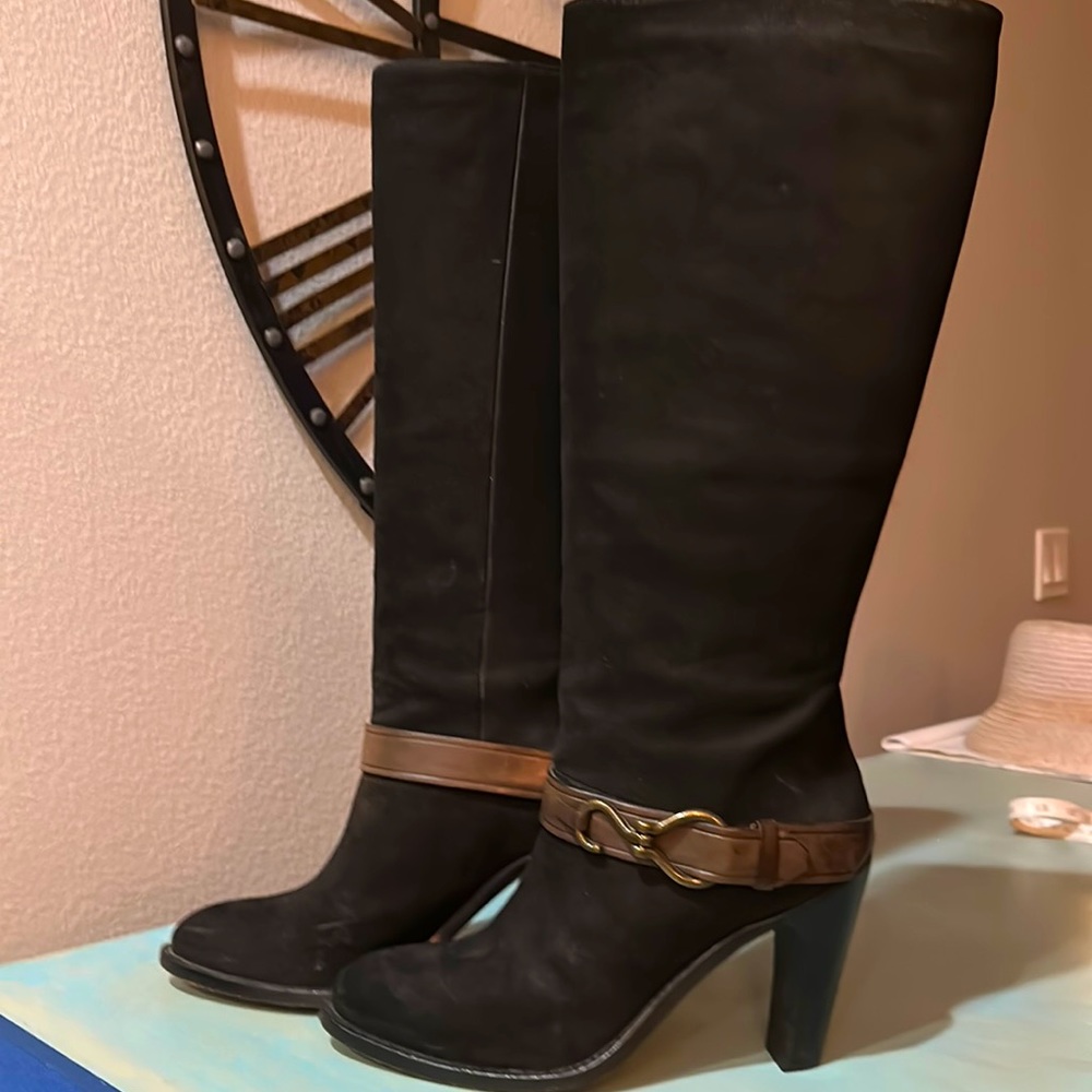 Cole Haan leather sole, side buckle, suede tall shaft boot.  Black